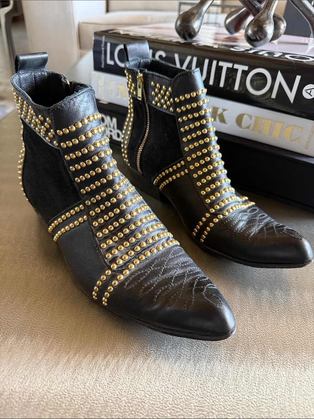 Anine Bing Charli Black Leather Ankle Boots with Gold Studs